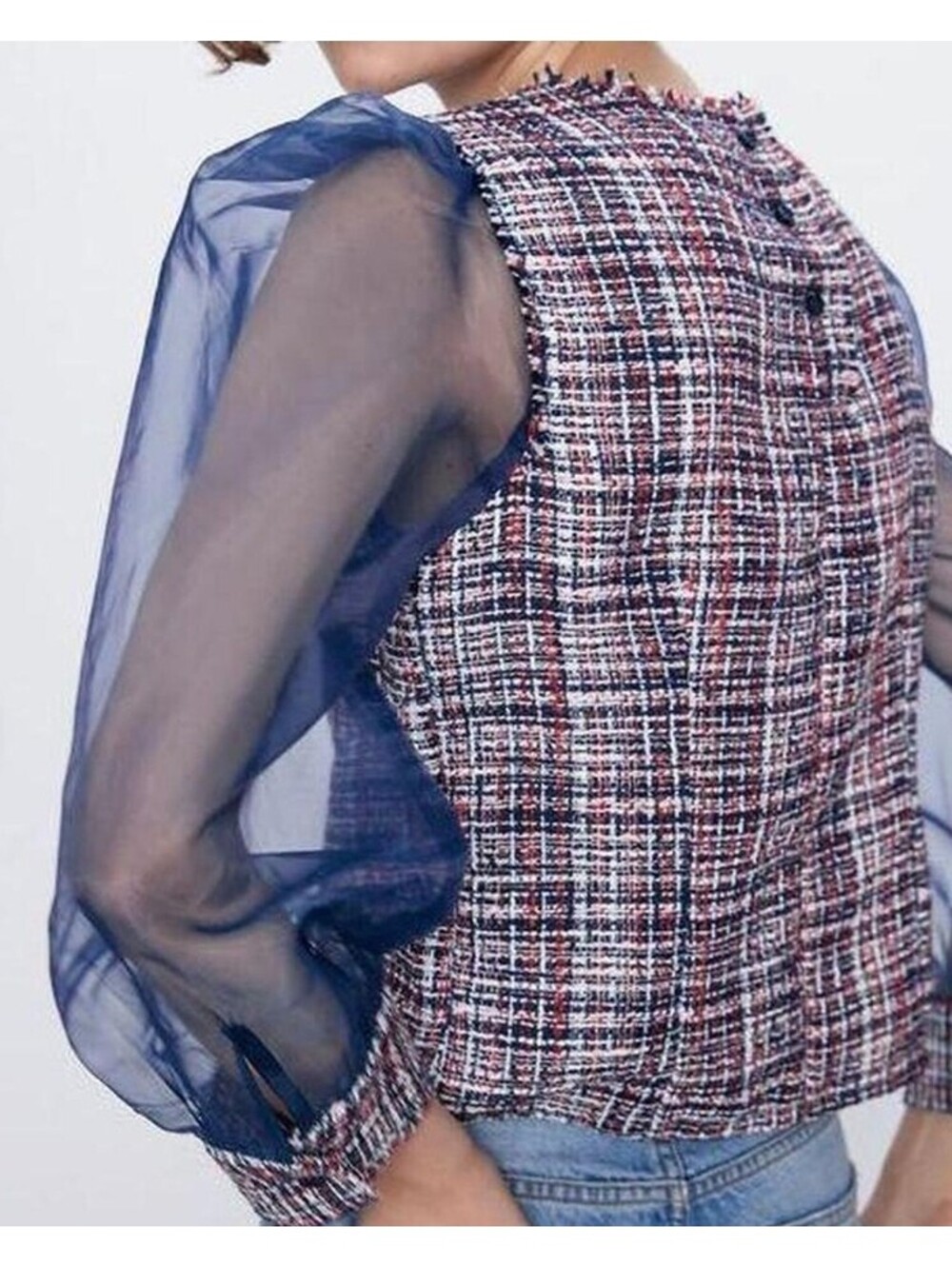 Zara blue/red Tweed organza Sheer Puff Long Sleeve Blouse Sz S